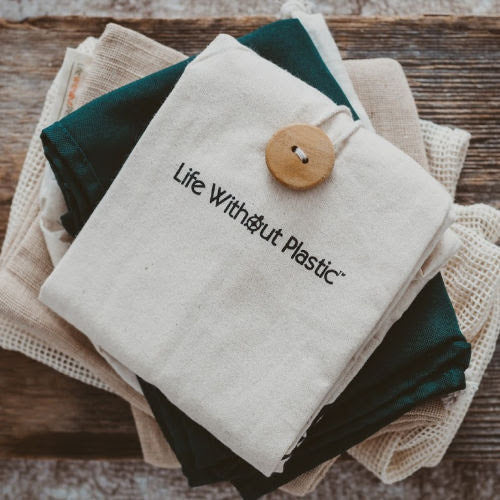 Organic Cotton Flat-Bottom Compact Shopping Bag - Wood Button Closure