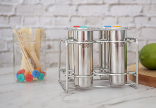 Stainless Steel Freezycup Kit - 4 Freezycups and lids, 1 stand, 16 sticks, 16 gaskets