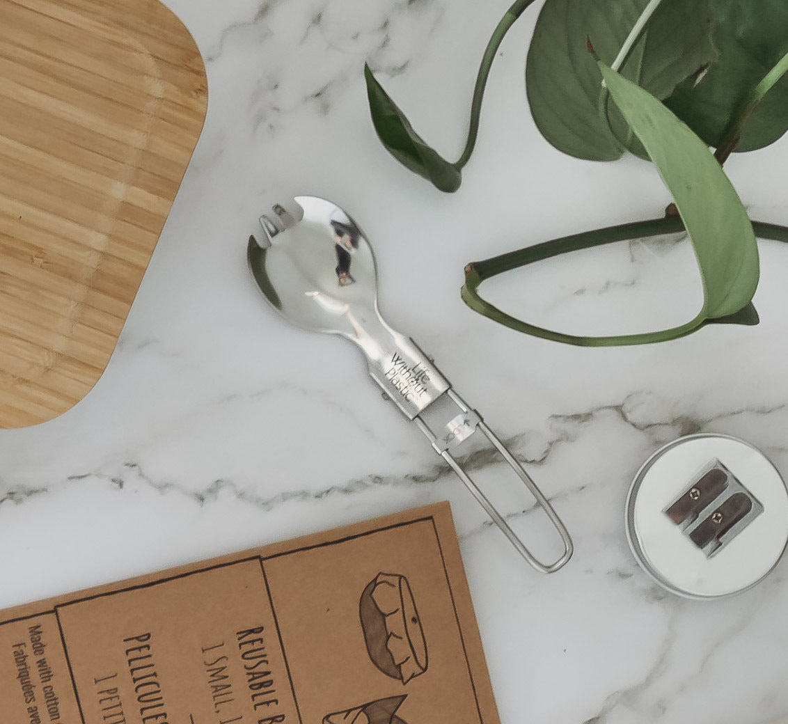 Stainless Steel Folding Spork with Organic Cotton LWP Pouch